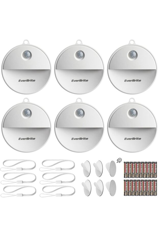 LED Motion Sensor Night Light, Automated On & Off, Cool White Motion Activated LED Night Light for Kitchen, Bathroom, Stairs, Bedroom - with 18 AAA Batteries, 6-Pack