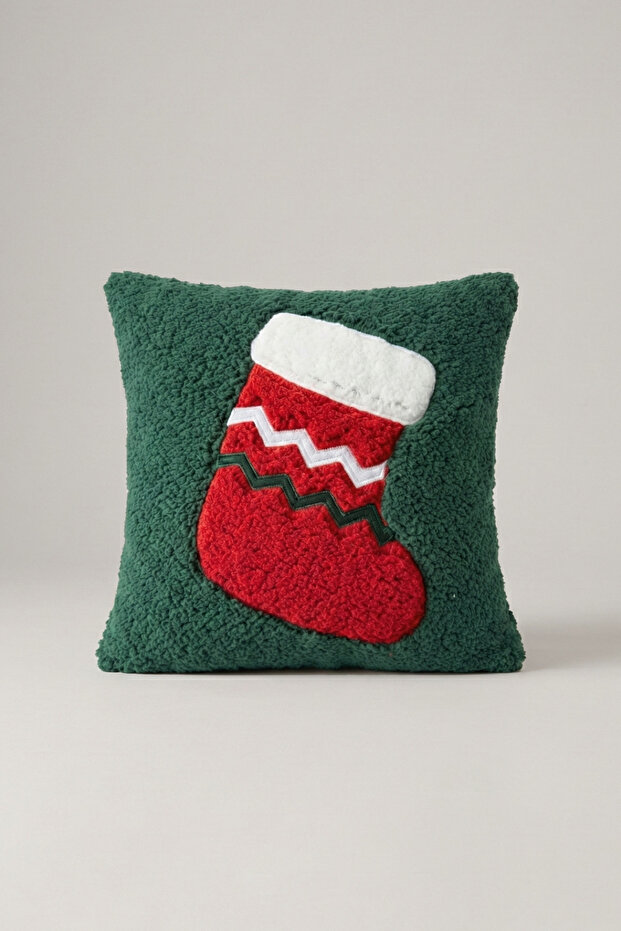 Christmas Stocking Patterned Decorative Throw Pillow Cover – Green Red Plush | Christmas New Year Themed