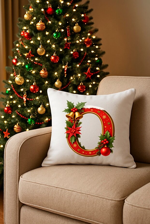 Digital Printed Red Letter O Decorative Throw Pillow Cover with Christmas Pine Decoration