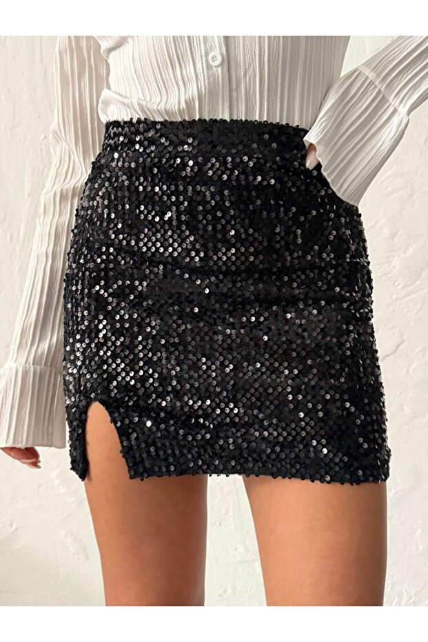 Siyah Payetli Mini Etek - 4