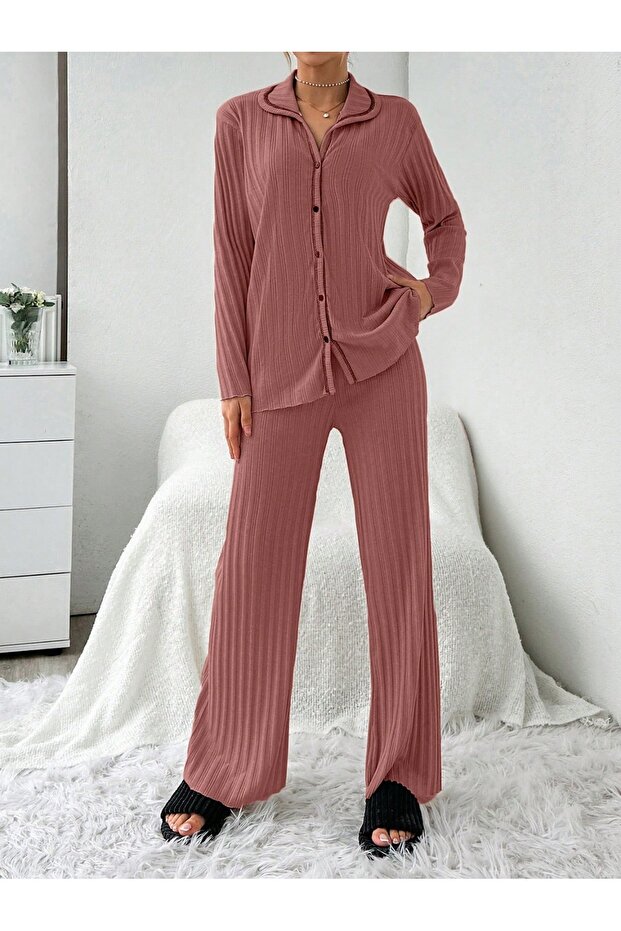 Powder Plain Front Buttoned Pajama Set - 1