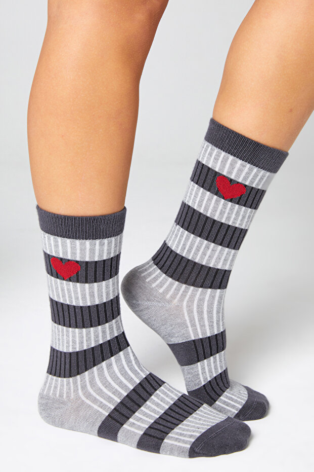 Women's Smoked-Grey Socket Stitch-Free Heart Patterned Socks Non-Squeezing Socks / Does Not Leave Marks