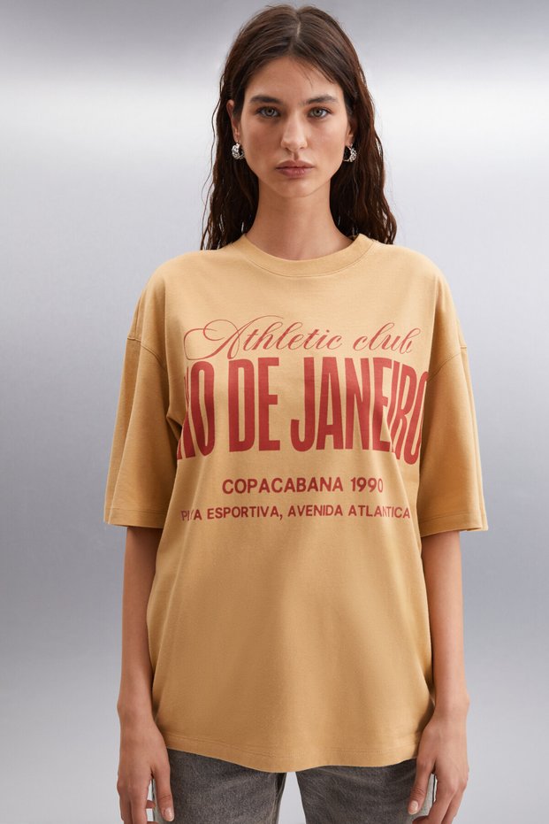 Malika Women's 100% Organic Cotton City Theme Printed Oversized Crew Neck Beige T-Shirt