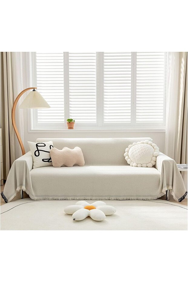 Chenille Sofa Cover with Tassels (Beige, 180x180 cm)
