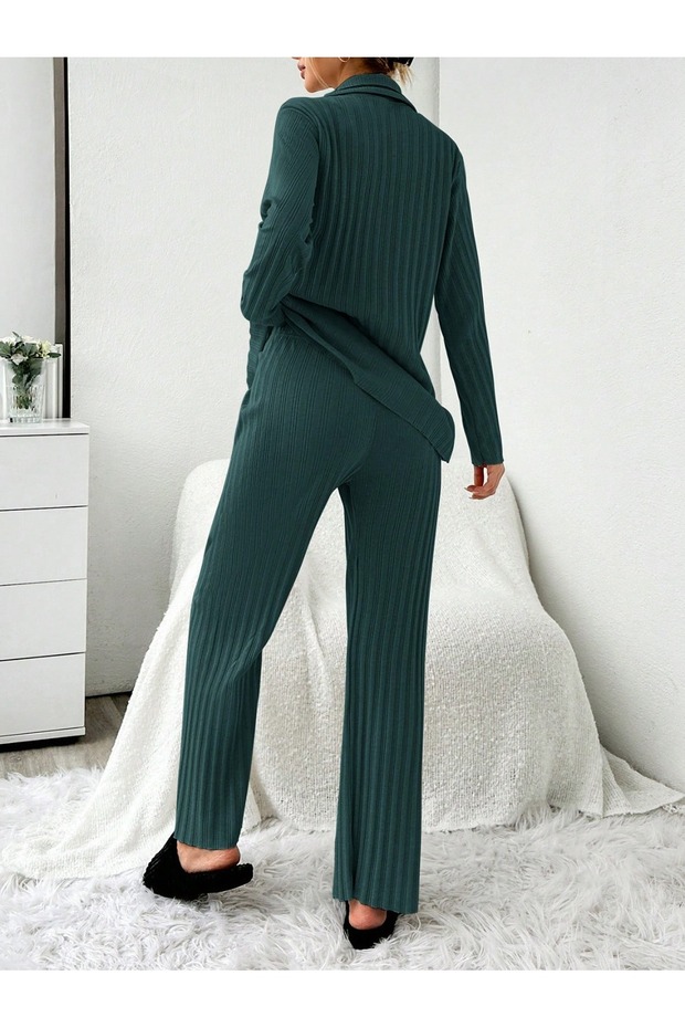 Khaki Plain Front Buttoned Pajama Set - 4