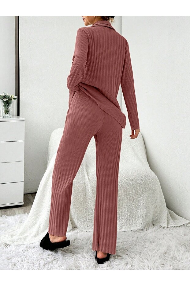Powder Plain Front Buttoned Pajama Set - 5