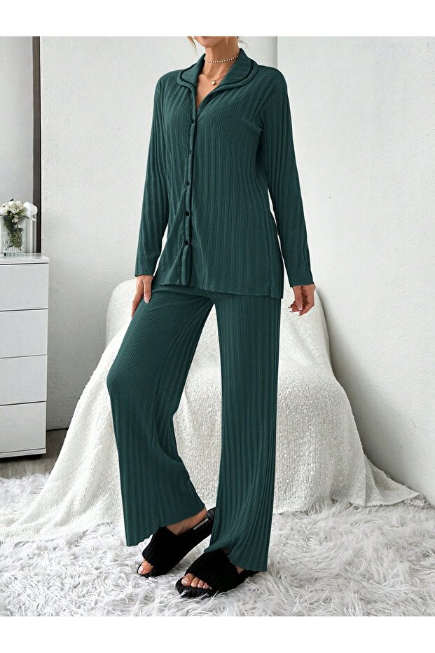 Khaki Plain Front Buttoned Pajama Set - 5