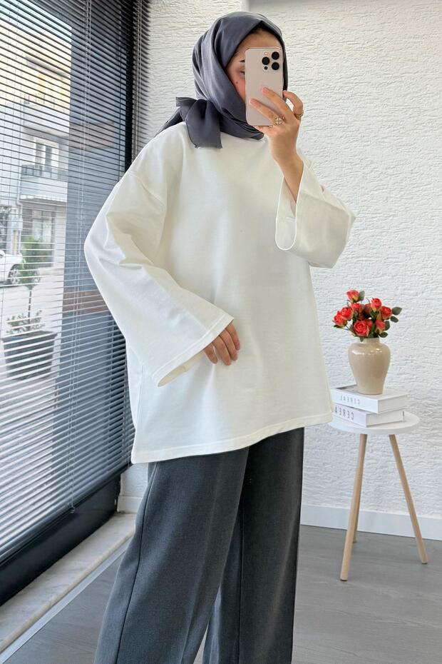 Volan Kol Basic Oversize Tunik – Ekru - 8