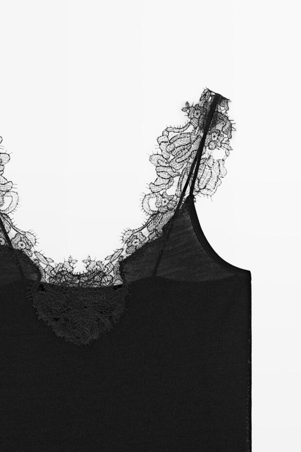 Askılı dantel şeritli triko bluz - 6
