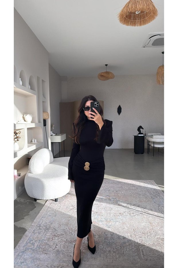 Black Slim Knit Dress with Waist Detail