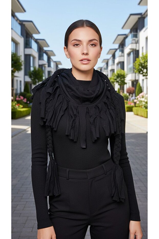 Black Knitted Patterned Combed Cotton Women's Scarf 150X24 cm