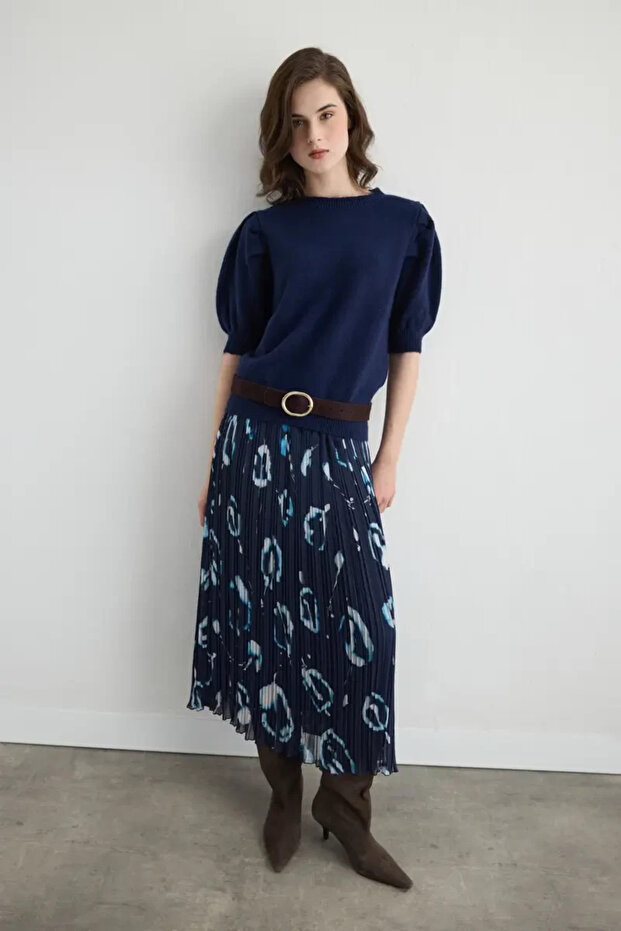 Fusta lungă plisată cu model - bleumarin - 3