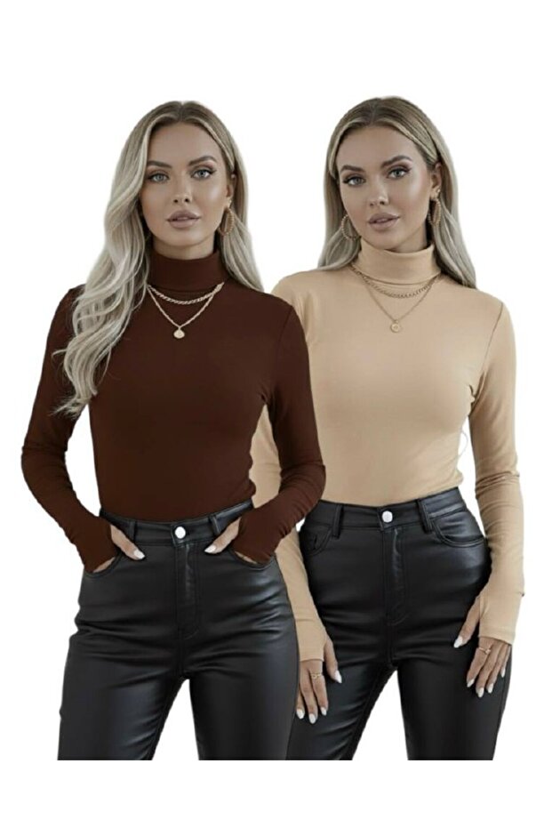 Finger Detailed Women's Bodysuit – Long Sleeve Set of 2 | Flexible and Soft Fabric | 2 Pack