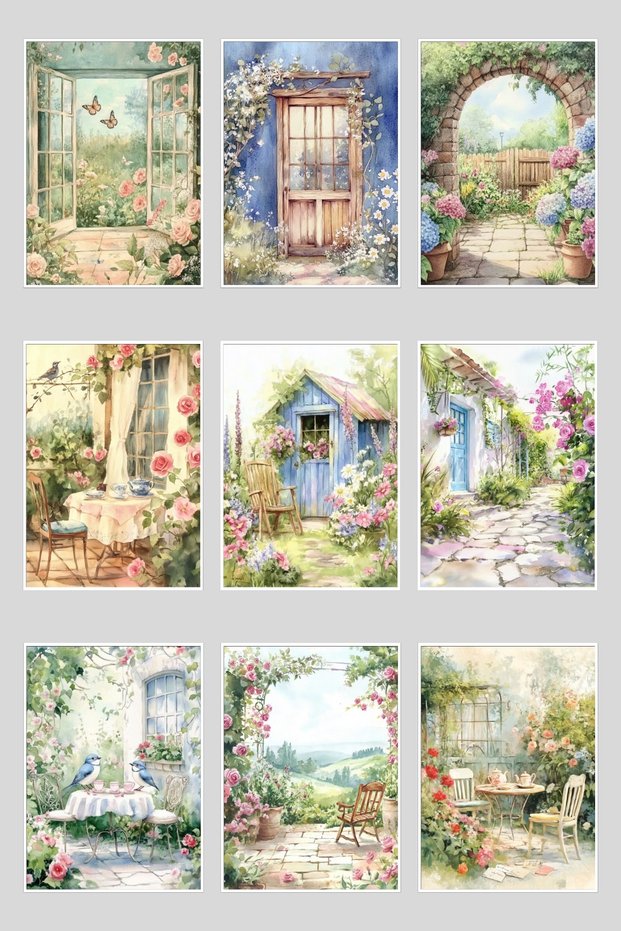 Retro Drawing Street and Houses Themed 9-Piece Postcard Set