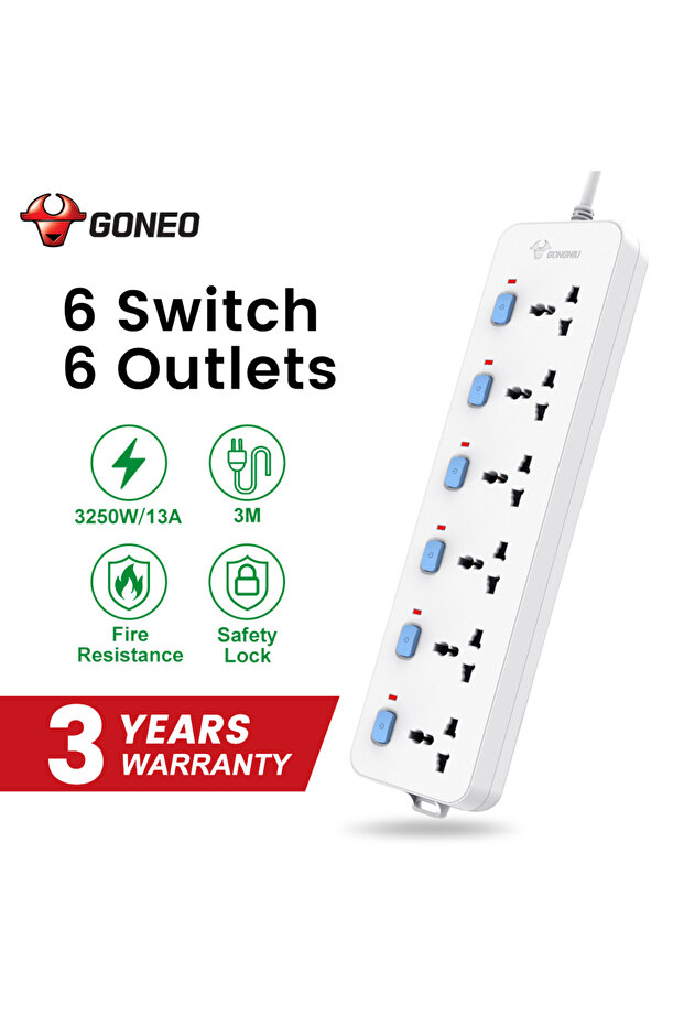 Universal Extension Cord Multi-Socket Power Strip With Individual Switches.