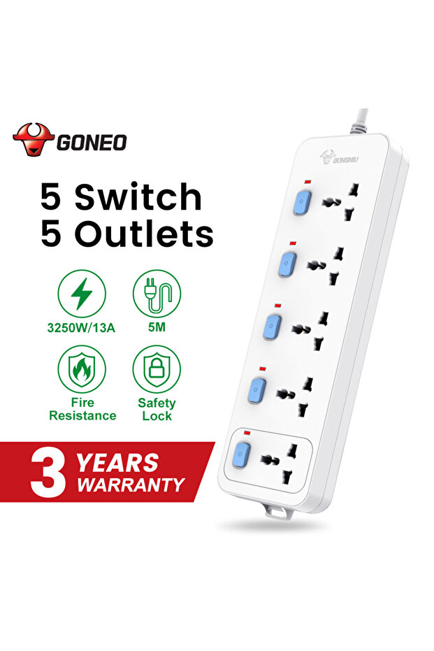 Universal Extension Cord Multi-Socket Power Strip With Individual Switches.