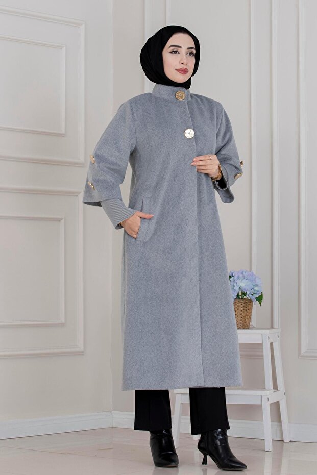 Hakim Collar Brooch Button Detailed Coat-Grey