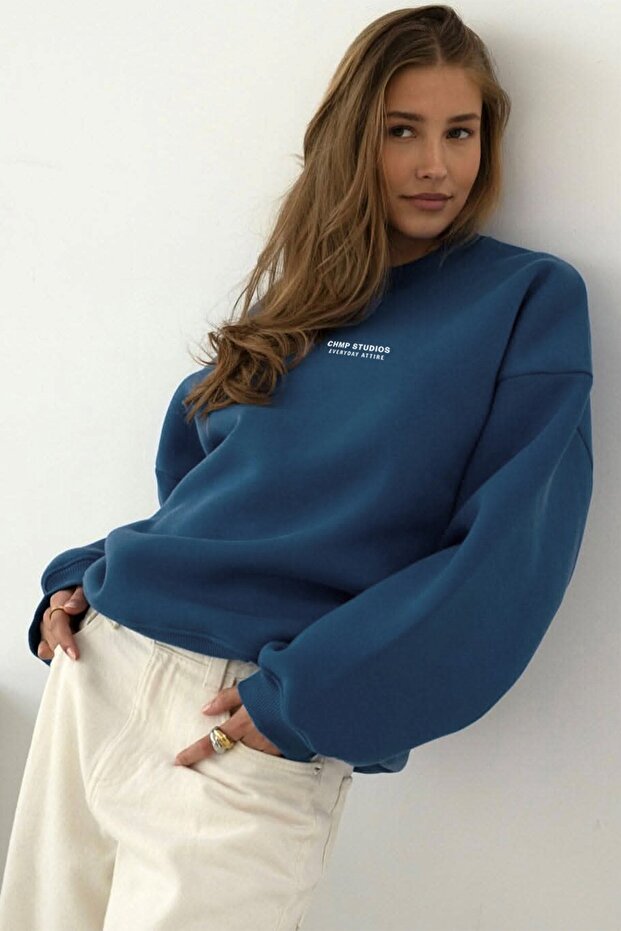 Women's Oversize Sweatshirt Chmp Studios Printed Marine with Raster Design – Crew Neck, 3 Thread Raster Design