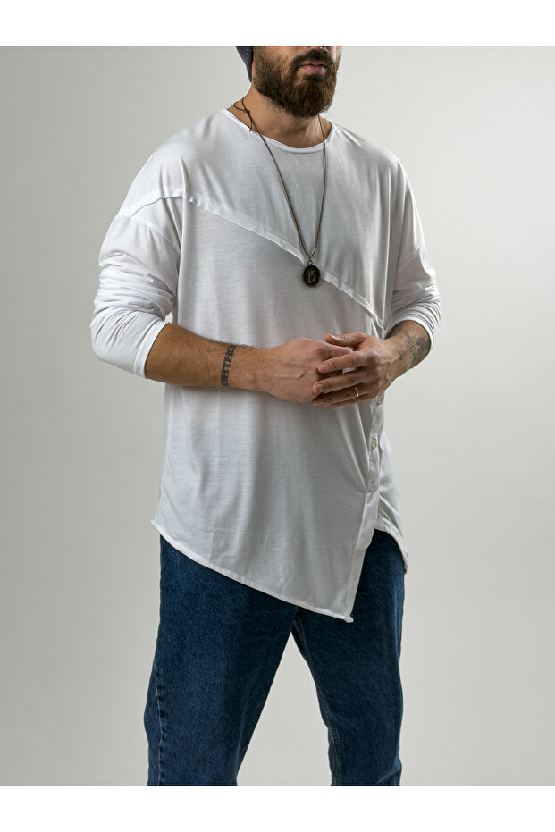 Design Button Detailed White Men's Sweat Coc2633