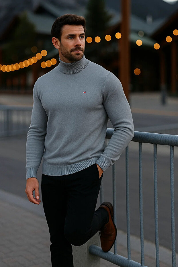 Men's Basic Winter Half-High Collar Long Gray Sweater - 3