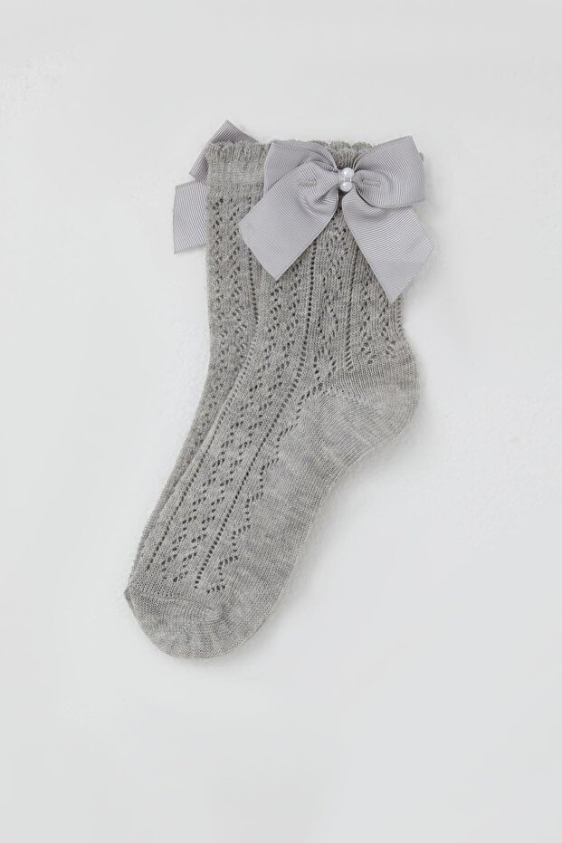 Girl's Mesh Socks with Bow Accessories and Pearls, Ages 5-8, Gray Melange
