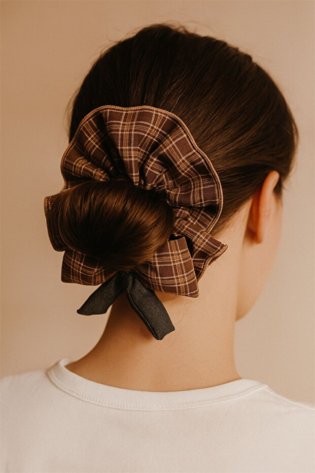 Brown Plaid Patterned Bow Bun Hair Clip