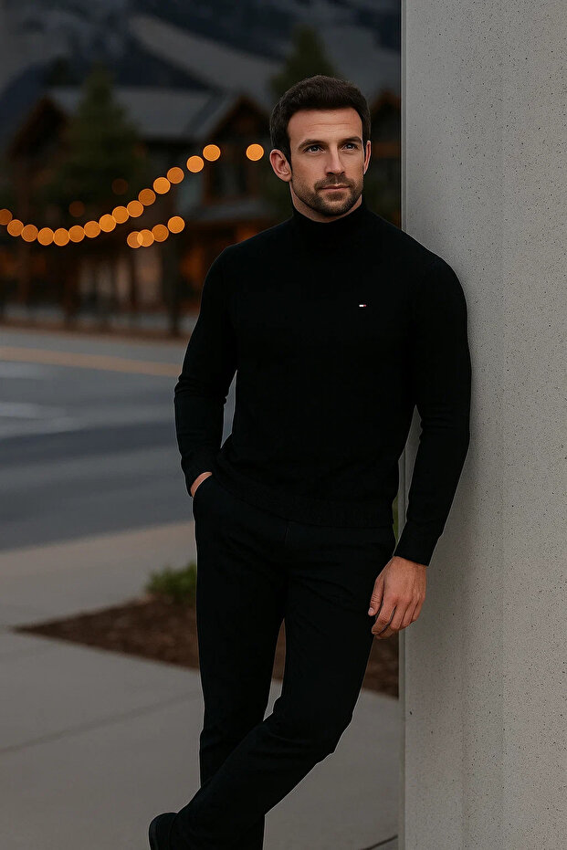 Men's Basic Winter Half-Thigh Length Long Black Sweater - 3