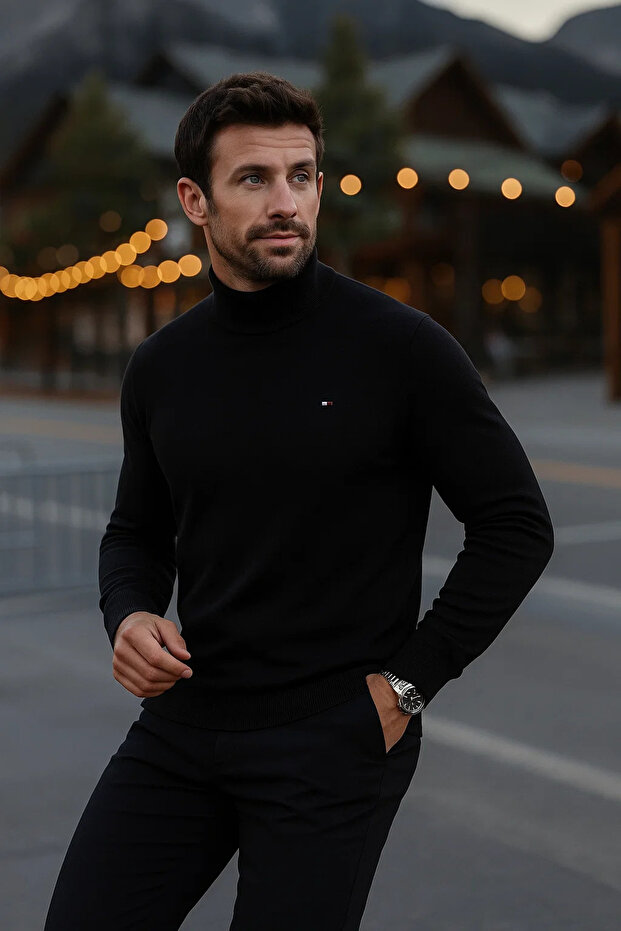 Men's Basic Winter Half-Thigh Length Long Black Sweater - 2