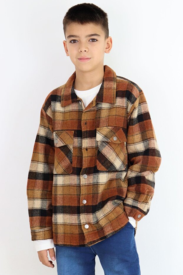 Boy's Coat Plaid Patterned Buttoned with Pockets 10-14 Years Old, Brown