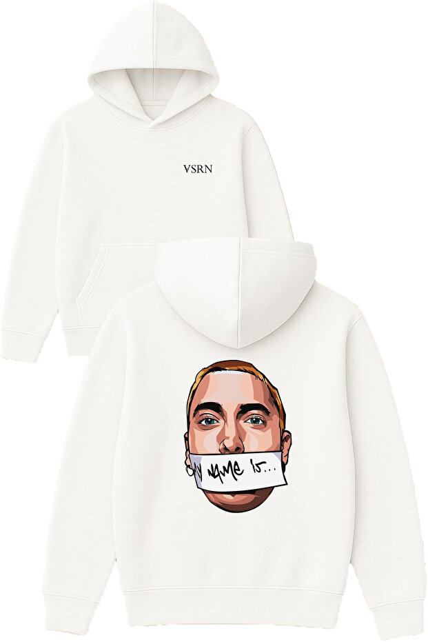 My Name Tasarım Printed Oversized White Hooded Sweatshirt