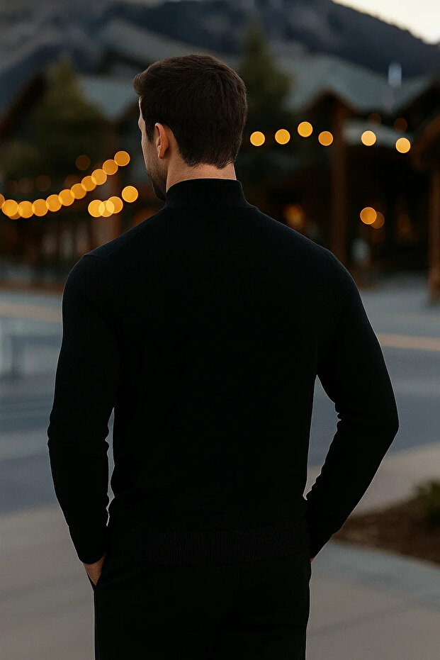 Men's Basic Winter Half-Thigh Length Long Black Sweater - 5