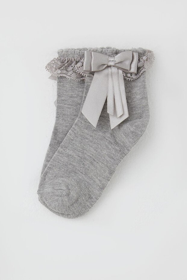Girl's Socks with Lace Bow Detail, Ages 3-12, Gray Melange
