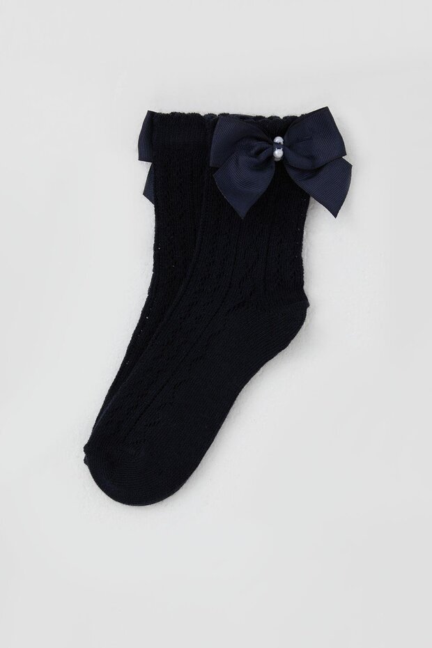 Girl's Fishnet Socks with Bow Accessories and Pearls, Age 5-8, Navy Blue