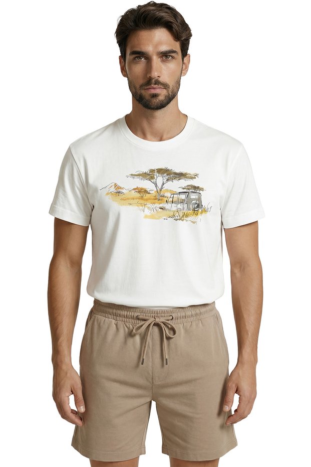Safari Themed Jeep and Savana Scenery Watercolor Sketch Printed Premium Men's T-Shirt