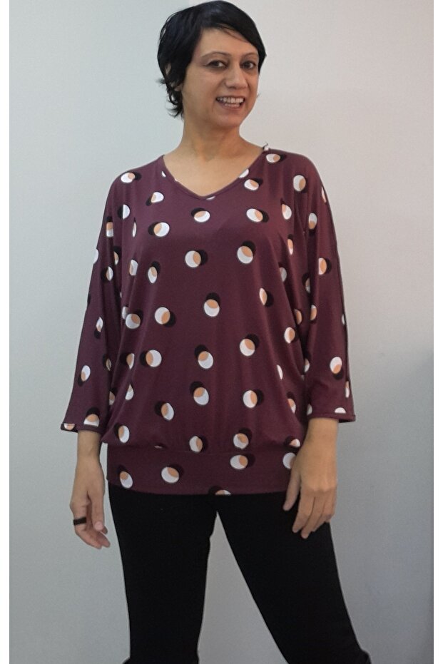 Burgundy Polka Dot V-Neck Batwing Three-Quarter Sleeve Combed Viscose T-Shirt