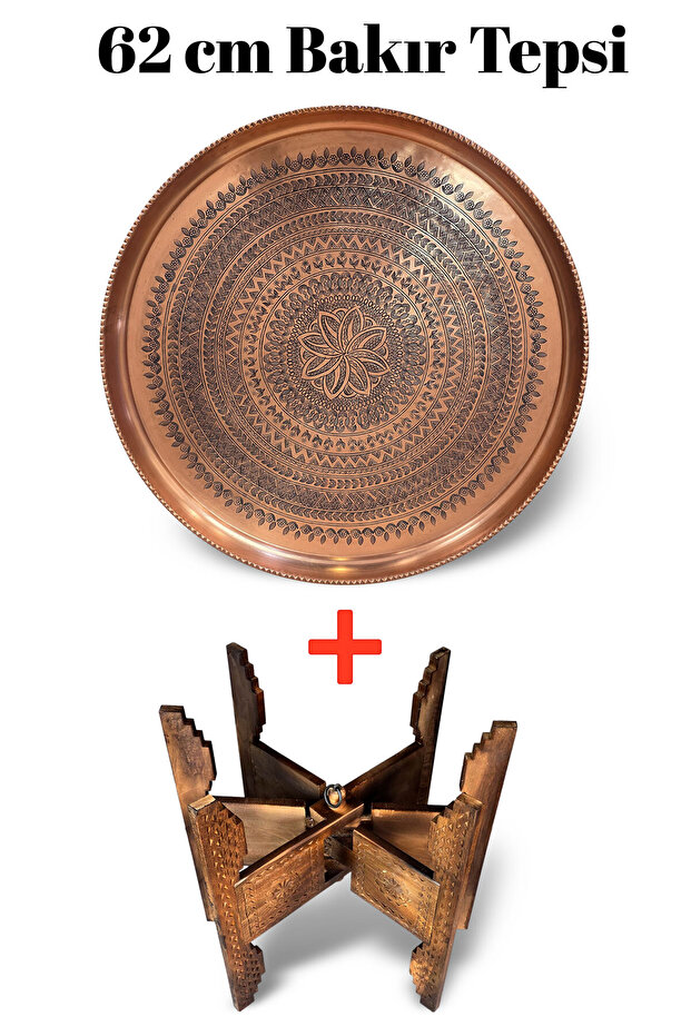 62 cm Hand Embroidered Authentic Patterned Thick Urfa Copper Tray + Foldable Coffee Table - Copper-Tps497