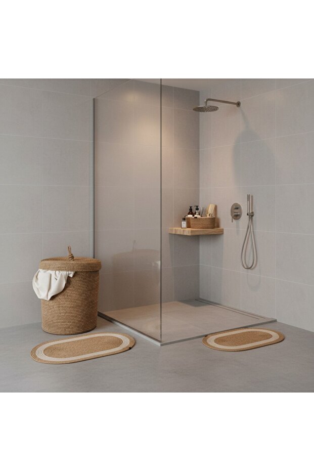 Straw / Jute 5 Piece White Striped Bath Mat Set | Dirty Laundry Basket | Oval Baskets - 2