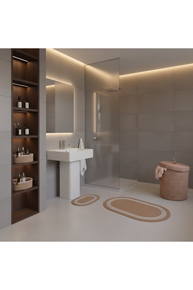 Straw / Jute 5 Piece White Striped Bath Mat Set | Dirty Laundry Basket | Oval Baskets - 7