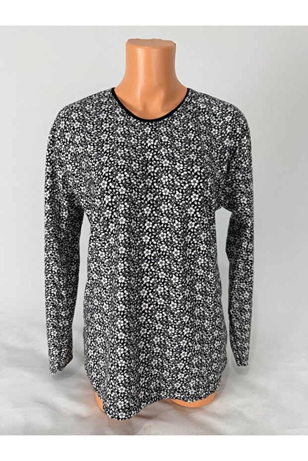 Women's Black Floral Patterned U-Neck Long Sleeve Side Slit Suede Mother Combed Cotton T-Shirt