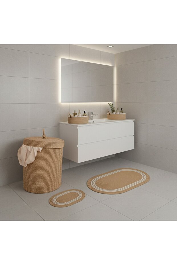 Straw / Jute 5 Piece White Striped Bath Mat Set | Dirty Laundry Basket | Oval Baskets - 3