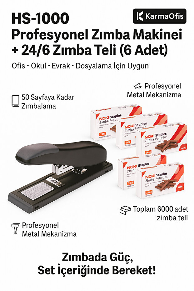Hs-1000 Professional Stapler + 24/6 Staple Wire Set of 6 • 6000 Staple Capacity • Office Type