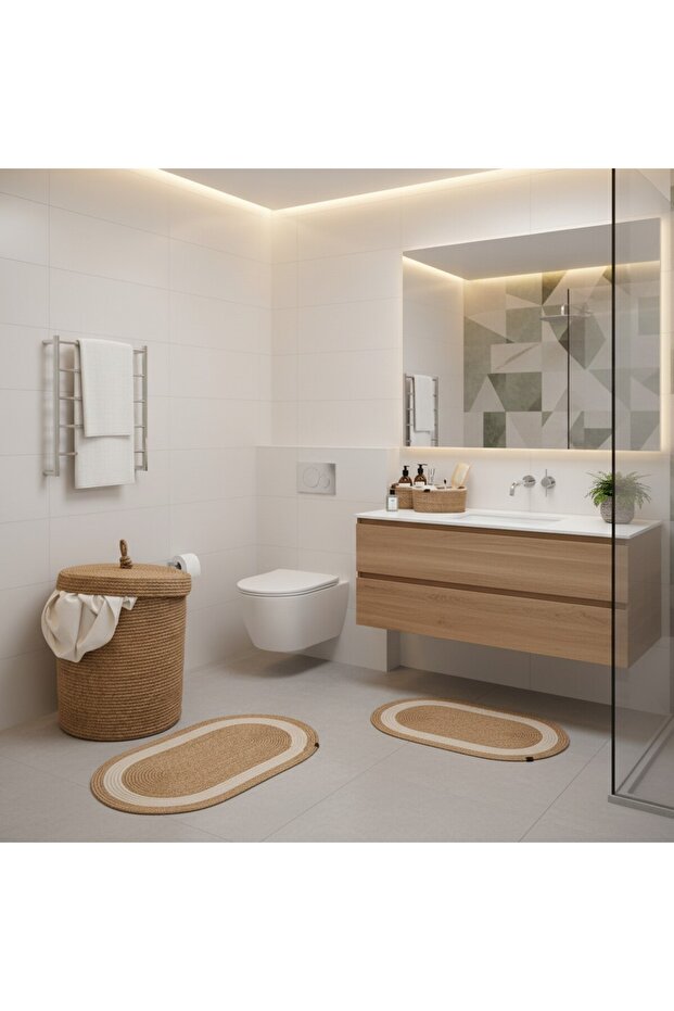 Straw / Jute 5 Piece White Striped Bath Mat Set | Dirty Laundry Basket | Oval Baskets - 6