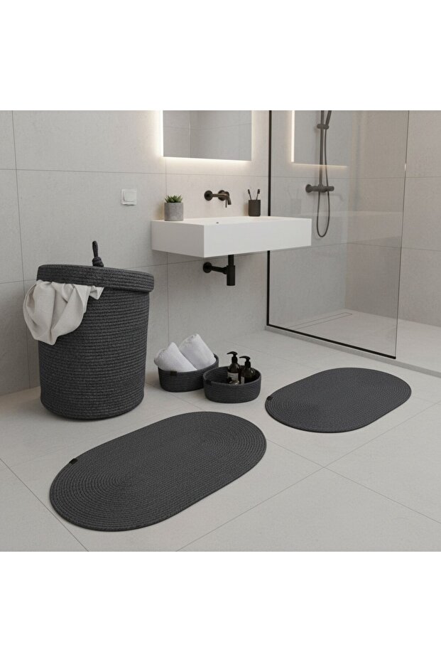Straw / Jute 5 Piece Anthracite Bathroom Mat Set | Dirty Laundry Basket | Oval Baskets