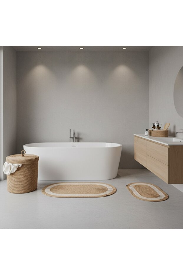 Straw / Jute 5 Piece White Striped Bath Mat Set | Dirty Laundry Basket | Oval Baskets - 3