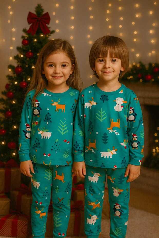 4-8 Years Old Girls-Boys Christmas Patterned, Winter Themed Turquoise 100% Cotton Pajama Set (Unisex)