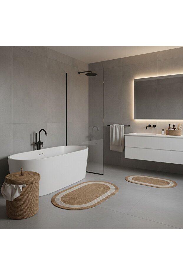 Straw / Jute 5 Piece White Striped Bath Mat Set | Dirty Laundry Basket | Oval Baskets - 7