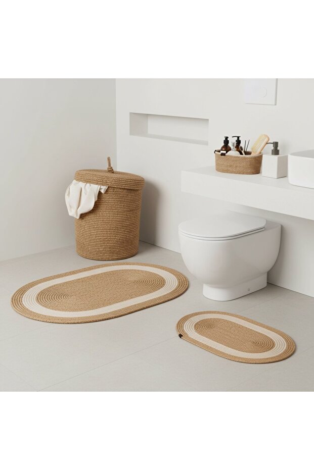Straw / Jute 5 Piece White Striped Bath Mat Set | Dirty Laundry Basket | Oval Baskets - 1