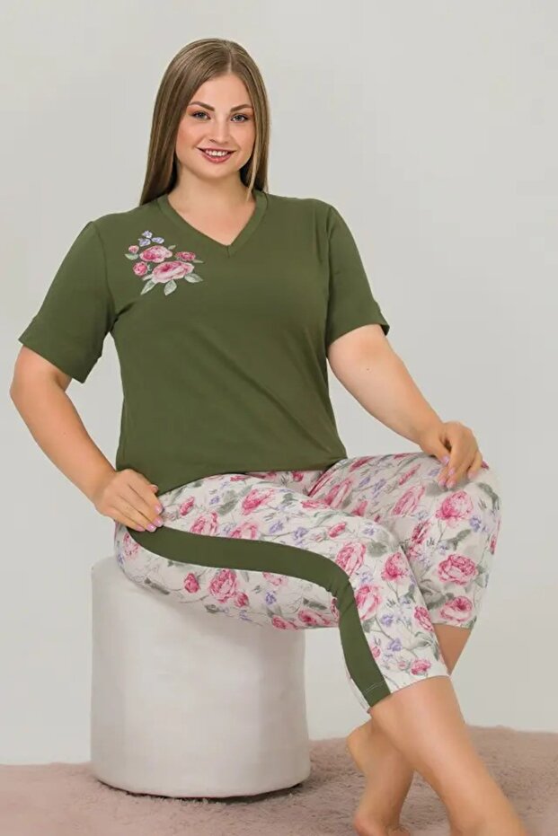 Rose patterned large size pajama set - 1