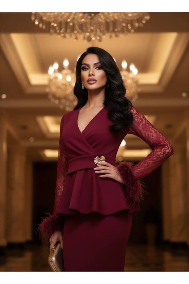 Women's Imported Fabric Sleeve Lace and Cuff Ostrich Detailed Accessorized Skirt Blouse Two-Piece Set