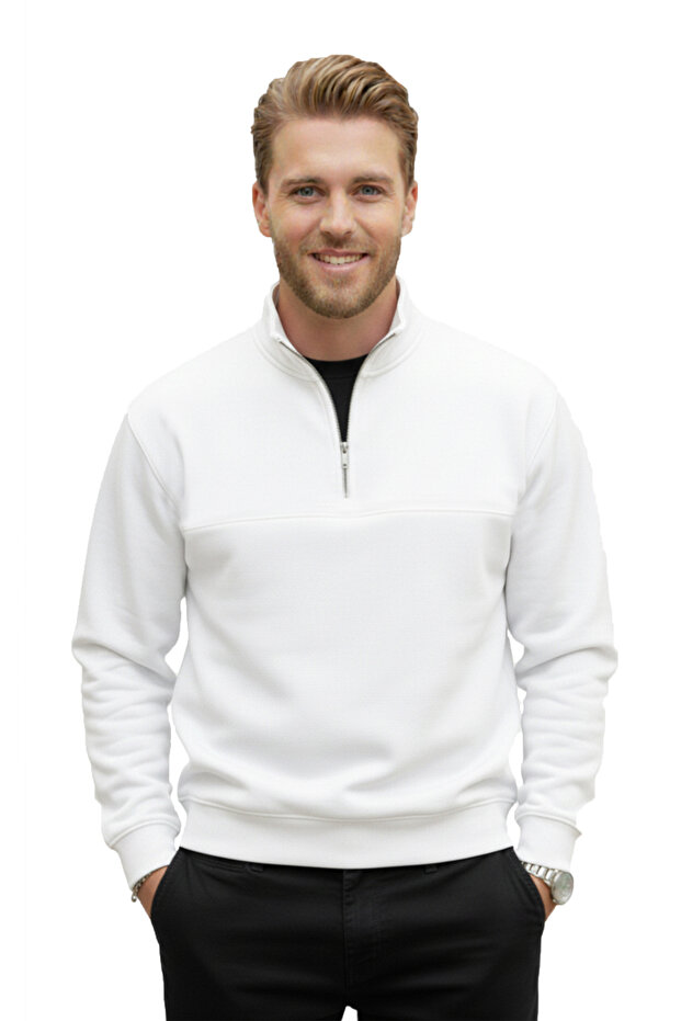 Men's White Relax Fit Fleece Inside 100% Cotton Half Zipper D Mock Neck Sweatshirt 2600760